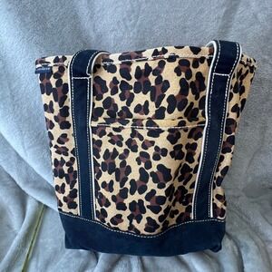 Lands End Canvas Tote Bag Leopard Print Navy Blue Trim Medium Exterior Pocket